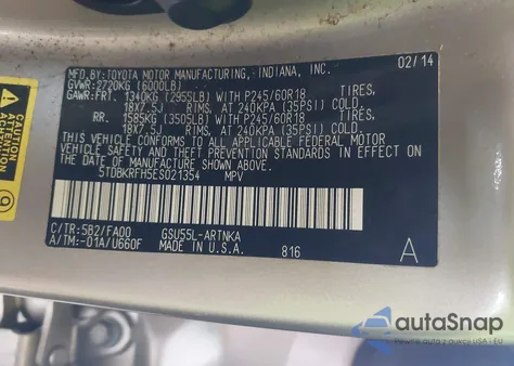 2014 Toyota Highlander Le Plus V6 from USA, damaged, VIN 5TDBKRFH5ES021354